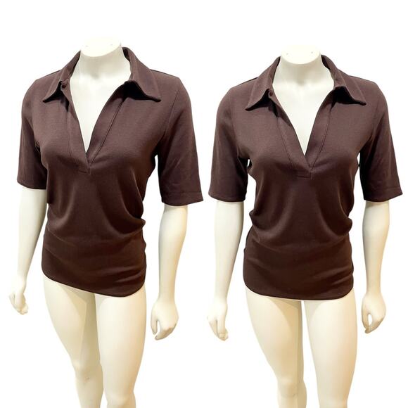 Banana Republic RIBBED ELBOW-SLEEVE POLO Brown Medium - Picture 1 of 8